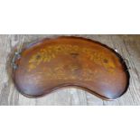 A marquetry inlaid kidney shaped wooden tea tray
