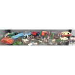 Triang Minic Tipper Lorry and Caravan, Mettoy 3307 Fire Dept. Car, hollow-cast figures, accessories,