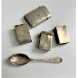 A Victorian Sterling silver vesta case, circa 1890. three sterling silver matchbox holders and a