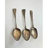 Three Georgian Sterling Silver Table Spoons. Various dates and makers. 192 grams.