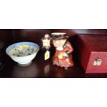 A Wedgwood & Co No. 754 Unicorn Night Watchman jug 17cm and an Oriental bowl in fitted box. (2)