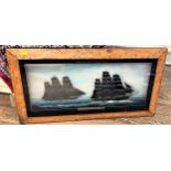 Golden Age of Sail Two Clippers reverse painting on glass. Victorian