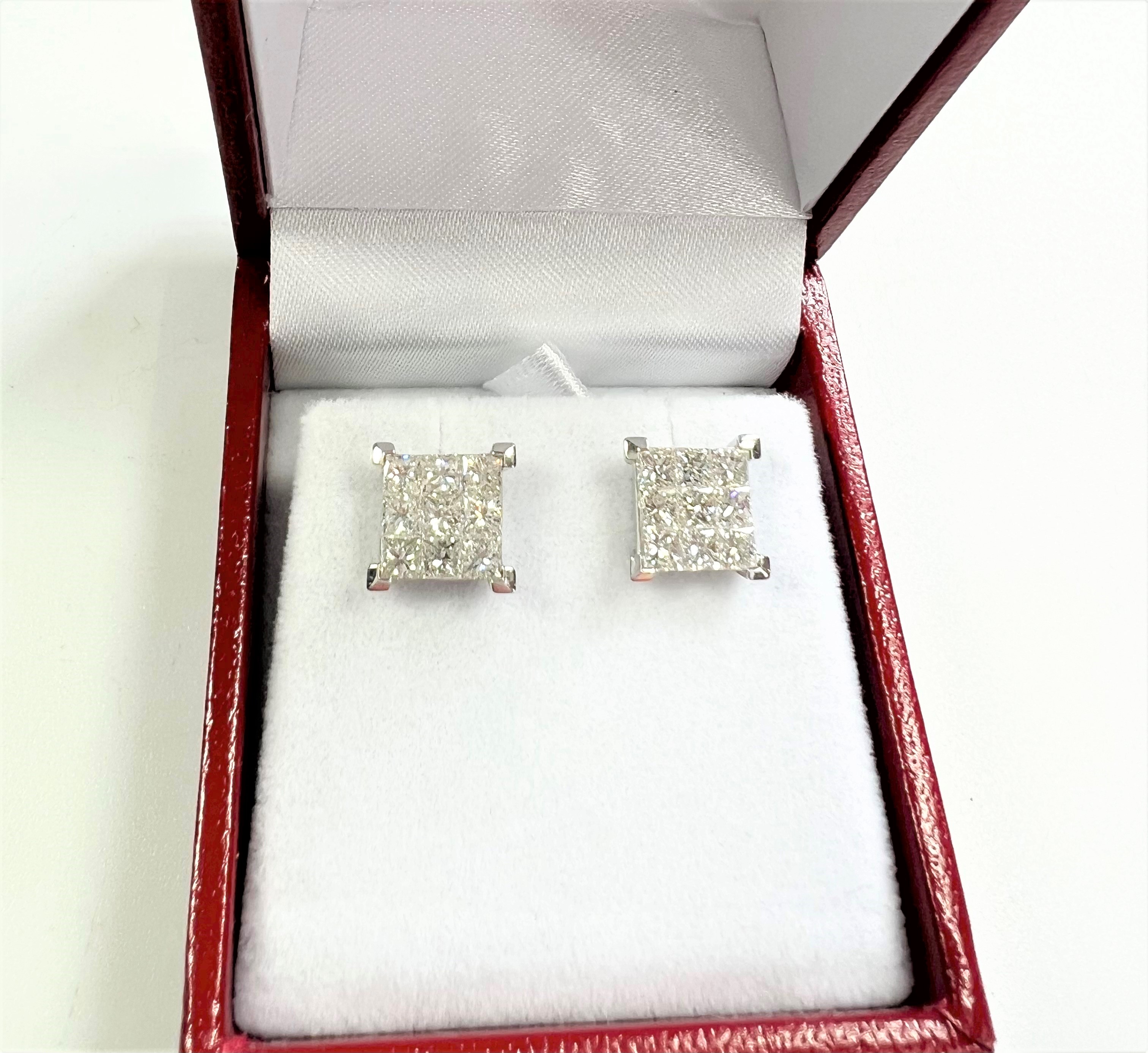 Pair of 18ct white gold invisible-set princess-cut diamond square stud earrings