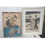 Japanese 19th century woodblock prints: Toyokuni (1769-1825) Two ladies walking through waves, and