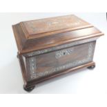A Mid Victorian Rosewood and Mother of Pearl Inlaid Two Compartment Tea caddy. Circa 1850. On bun