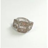 Large triple cluster ring set with baguette and RBC diamonds set in 9ct white gold. Diamonds. Size