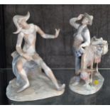 Lladro man with Donkey selling pottery wares, 25cm, and Seated Harlequin 25cm (two fingers