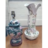 A Japanese vase decorated with Java Sparrows converted as a lamp-base 40cm and a baluster jar and