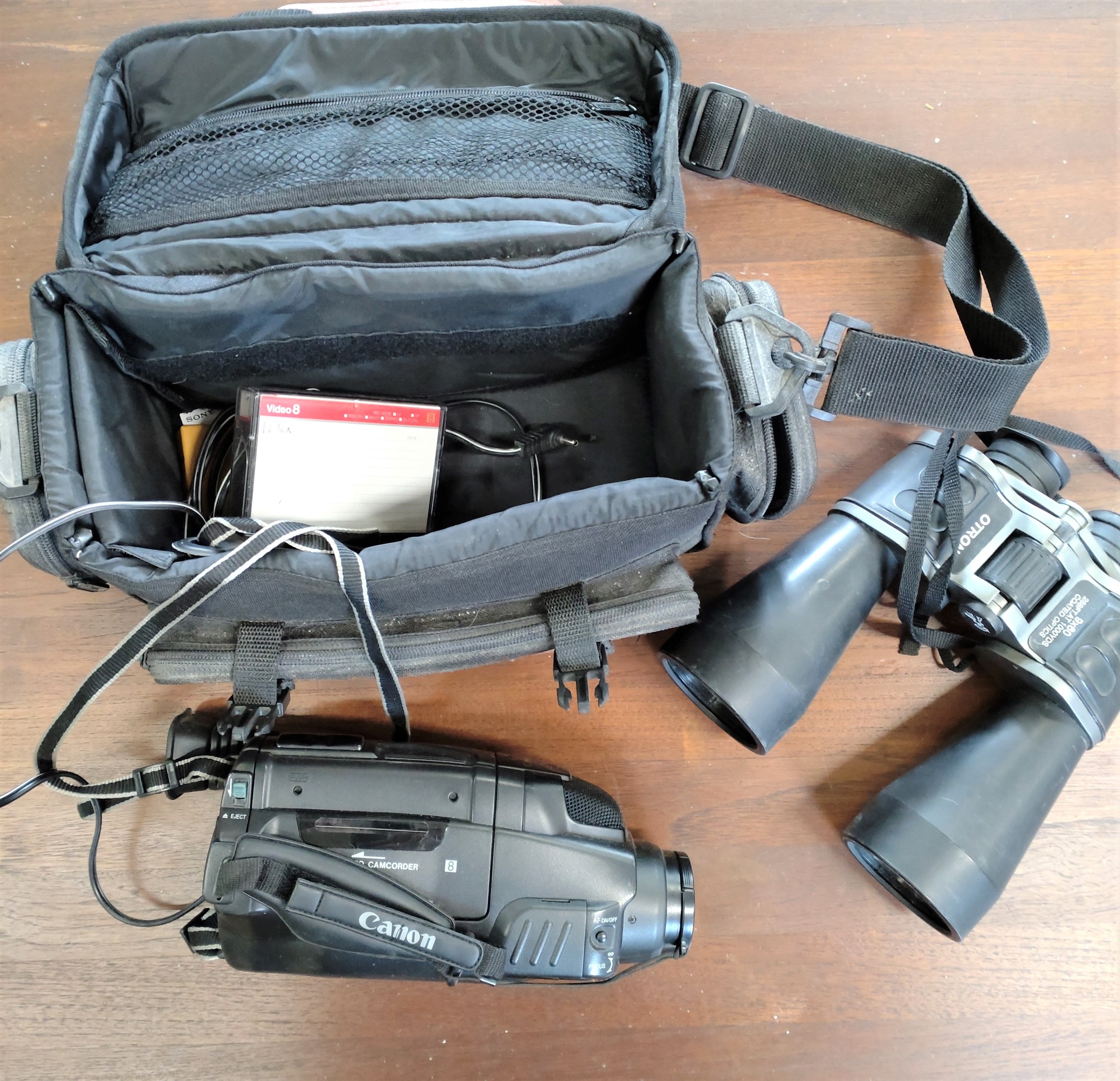 A Pair of binoculars, a canon Video camera with bag. (2)