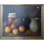 Oil still life on canvas of fruit and pottery. Indistinctly signed bottom right. 46cm x 56cm.