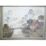 An oil on canvas of a river scene, damage to sky.