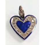 Antique hand-made silver heart-shaped pendant inlaid with navy blue enamel and set with eight-cut