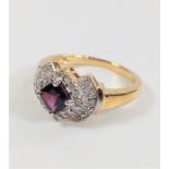 Retro-style 9ct yellow gold ring set with a cushion-cut natural Rhodolite Garnet and Round Cut