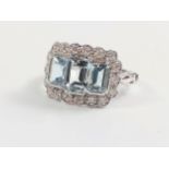 18ct white gold Victorian-style aquamarine and diamond ring. Emerald-cut aquamarines 1.74ct. R/C