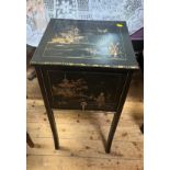 A needlework cupboard. English with chinoiserie decoration. circa 1920. 82 x 36 x 36cm.