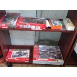 Four Airfix military vehicle kits in boxes, Springside Bedford Coach kit and Lledo Yorkshire Tea Van