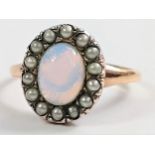 Vintage oval cabochon opalite and seed pearl ring. Size K. 1.92 grams