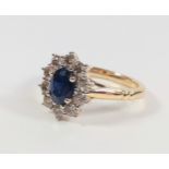 9ct yellow gold ring set with oval sapphire and a halo of RBC diamonds. Sapphire 1.00ct approx.