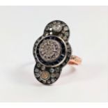 Certificated Georgian-style 8ct rose gold (silver top) elongated cluster ring set with natural