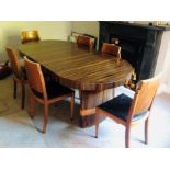 An Art Deco dining table and chairs. Mid century. In Walnut and Zebra wood. 76cm x 203 x 101cm