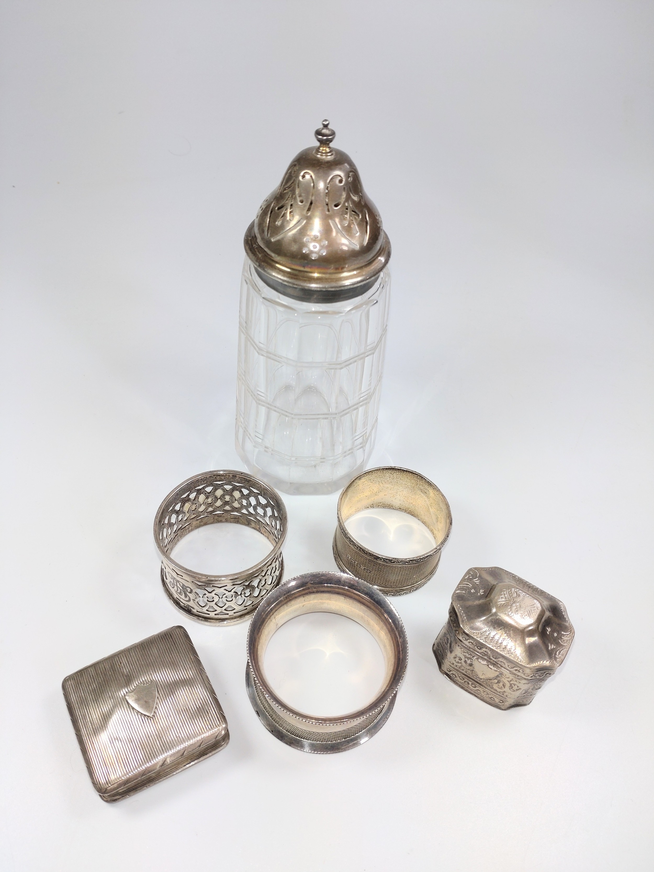 Miscellaneous sterling Silver, various dates and makers. Comprising, a sugar caster, a Dutch box,