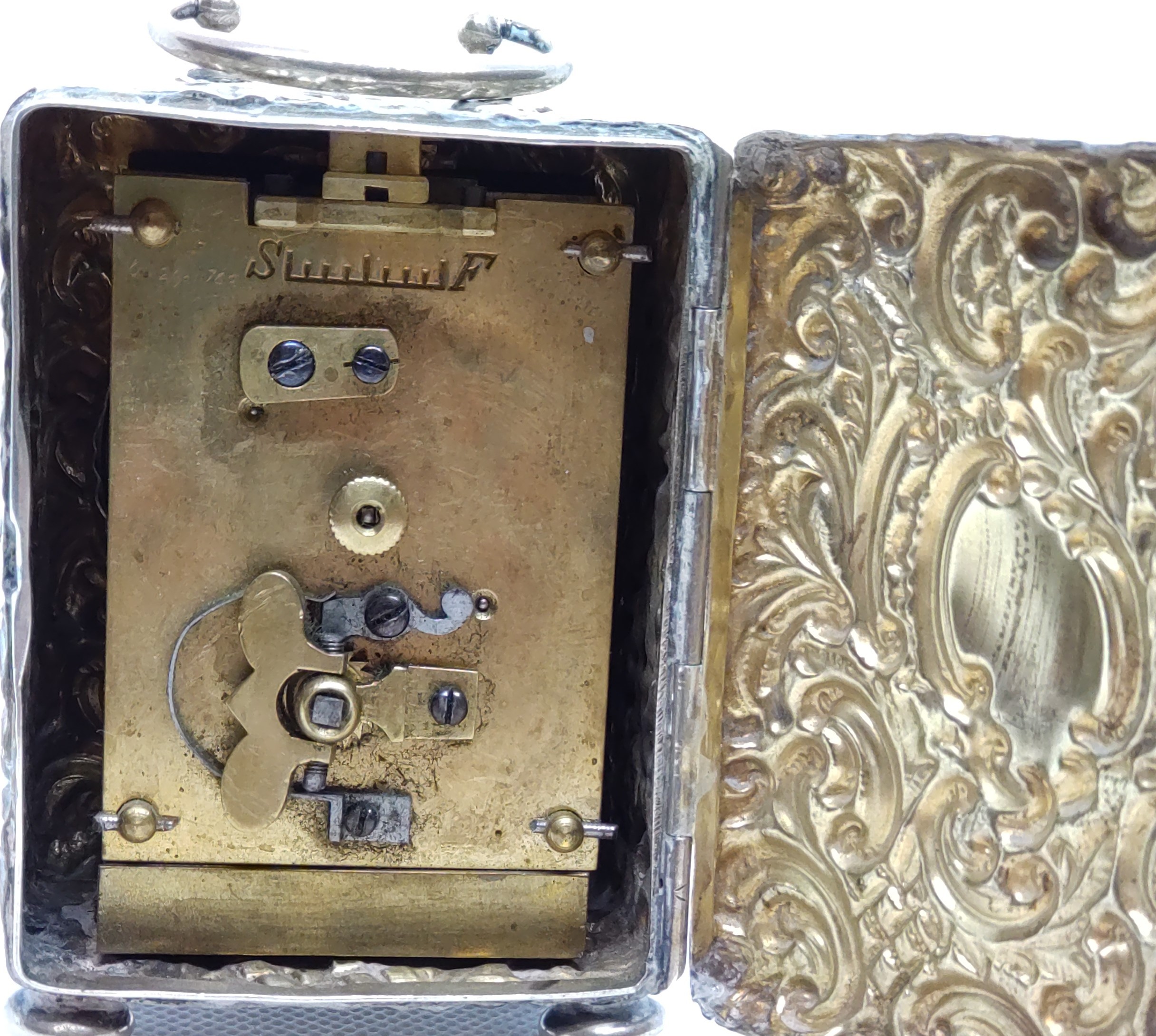 A Victorian sterling silver cased desk timepiece. Birmingham 1898. In need of restoration. 8cm high. - Image 3 of 3