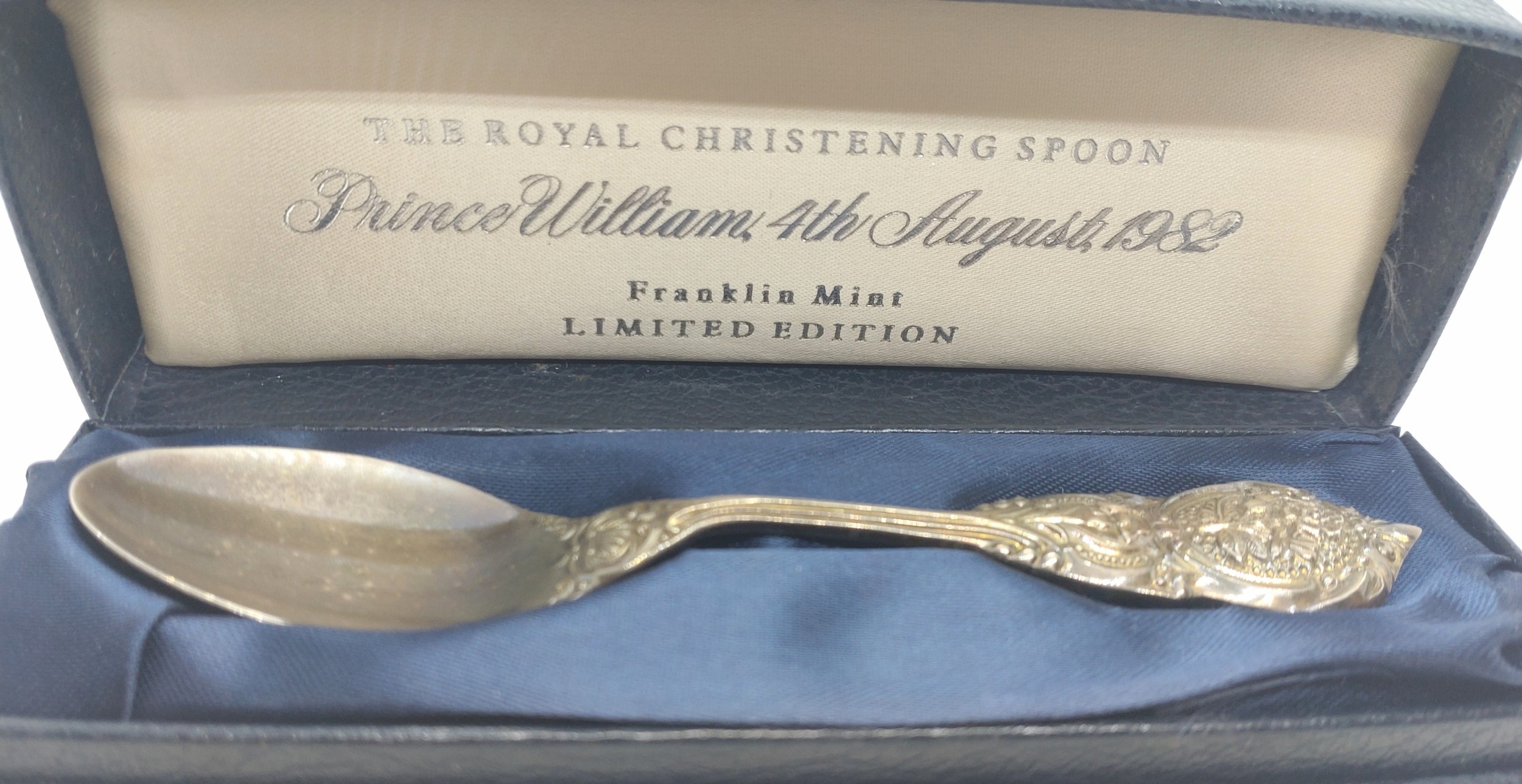 A modern sterling silver Christening spoon. London 1982. Fitted case.