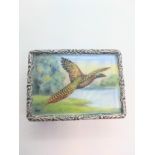A modern sterling silver and enamel rectangular box, Birmingham 1980. Decorated with a pheasant in