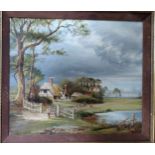 An oil on canvas landscape cottages by a pond. Early 20th century.
