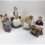 Four Royal Doulton seated ladies including A Stitch in Time, Test Awhile, Schoolmarm, and Sweet