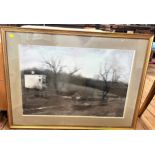 A large pair of prints. Sepia. Winter farmyard scenes. framed and glazed. A Japanese print.