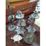 Various candlesticks, 20th century, a brass turtle and spitting bowl.