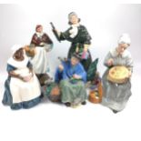 Five Royal Doulton figures including Tuppence A Bag, Christmas Parcels, Embroidering, Royal