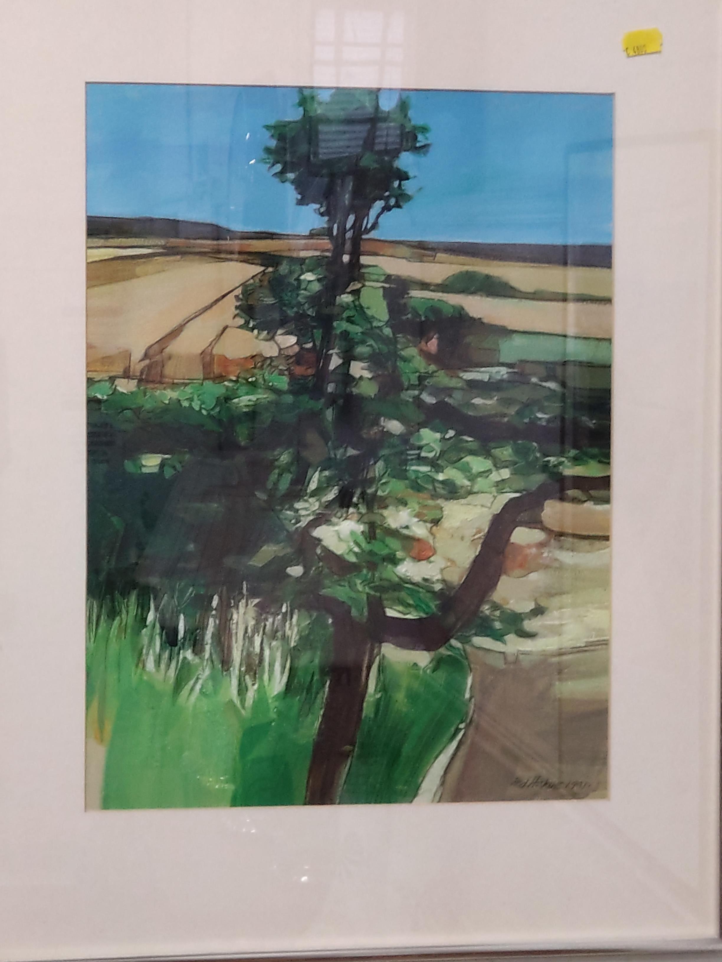 A lone tree in a chalk landscape. Acrylic on paper. Ned Hoskins 1991 42 x 31cm.