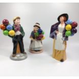 Three Royal Doulton figures including Balloon Girl, Balloon Boy, and Balloon Lady. 16cm to 21cm (3)