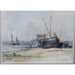 Diana Scott Barges at Pin Mill watercolour, framed.