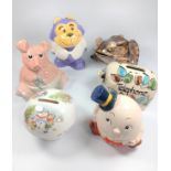 Six ceramic money boxes including Nat West Pig and Benny the Ball (Hanna-Barbera Top Cat) 14cm (6)