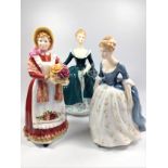 Three Royal Doulton ladies including Janice, Old Country Roses, and Alison. With boxes. 19cm to 21cm