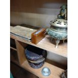 An incence burner, oil lamp, five Chinese wooden bases, a miniature chess set, and a photo album.