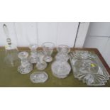 A glass bell with sailing ship motif 25.5cm, cut glass wares including tray and pair of