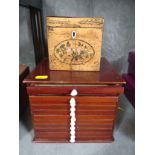 A specimen box fitted with numerous drawers and a tea caddy. Both antique.