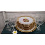 Ten Bavarian printed fruit pattern plates and five cut glass wine glasses. (15)