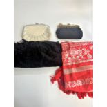 A collection of ladies vintage scarves/ shawls and four cocktail clutch/ handbags.