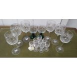 Six cut-glass wine glasses 18cm, eight small liquer glasses, and a pair of green stemmed glasses (