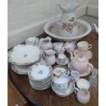 Soho Pottery pink Solian ware teapot with two cups and saucers and plate, a Dresden jug, other