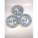 Three Chinese blue and white porcelain 18th century plates with pair of figures in landscape, one