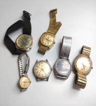 Six wristwatches including a 1950's stainless steel Ebel, a Seiko Quartz on an expandable