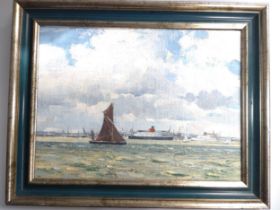 F.Hollands (att) oil on board 'Ferries in the Solent'. See label verso.