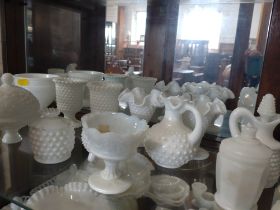 Forty-one pressed milk glass items including two small goblets. (41)