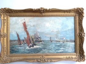 F.Hollands signed oil on panel 'Shipping of the Coast'. See label verso.